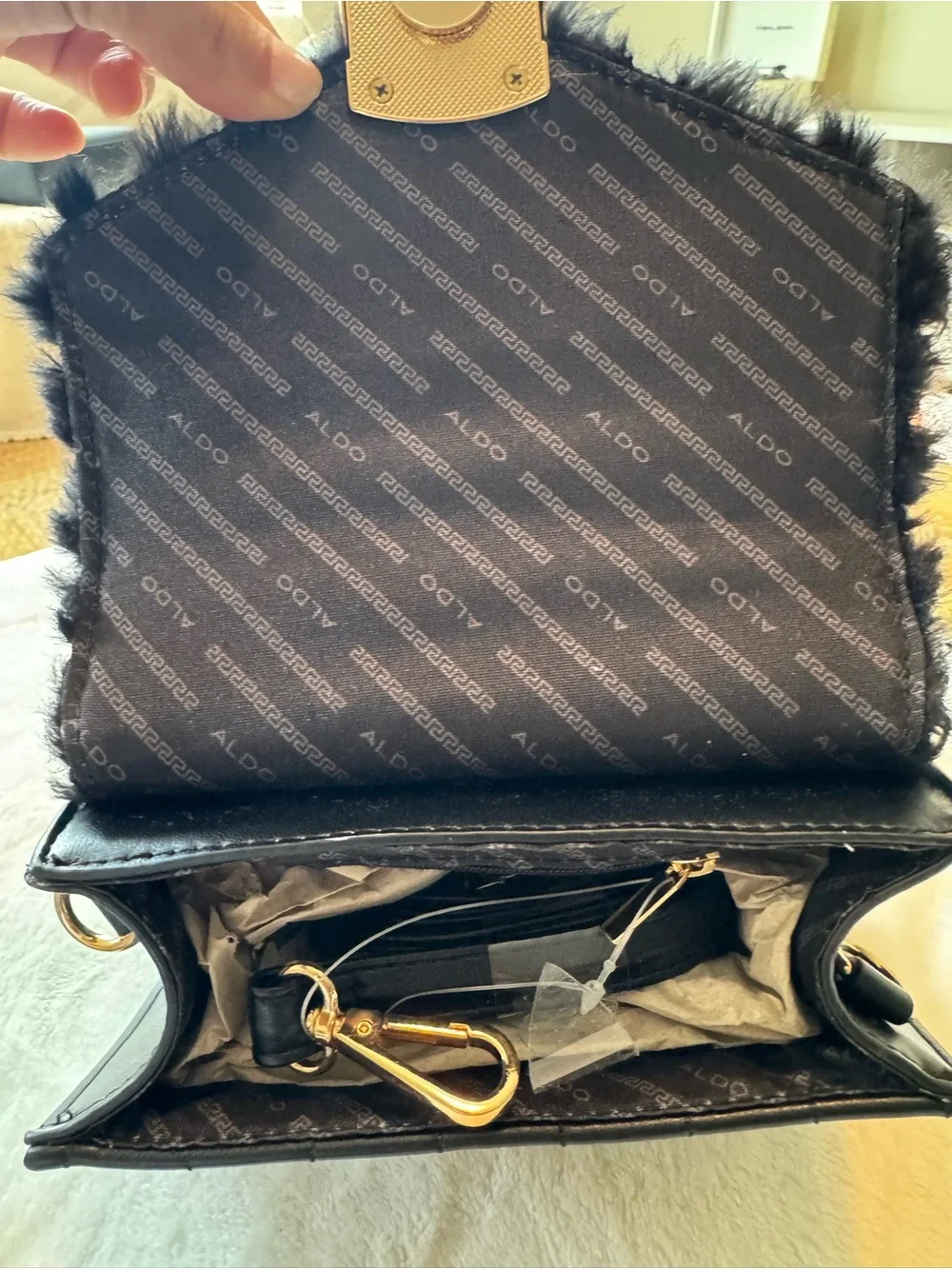 ALDO Black Faux Fur Quilted Mini Top Handle Handbag Gold Hardware